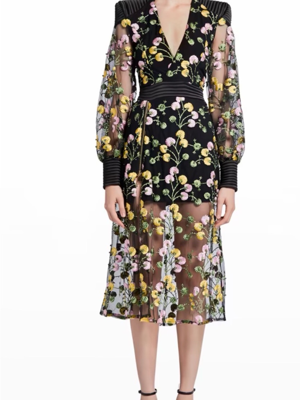 Zhivago Black Sheer Midi Dress with Pink and Yellow Floral Embroidery